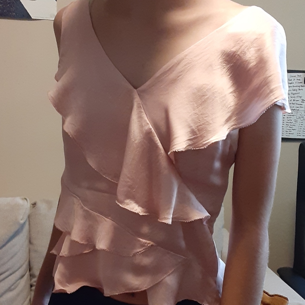 Bebe Women’s Pink Ruffle Silky Blouse / top